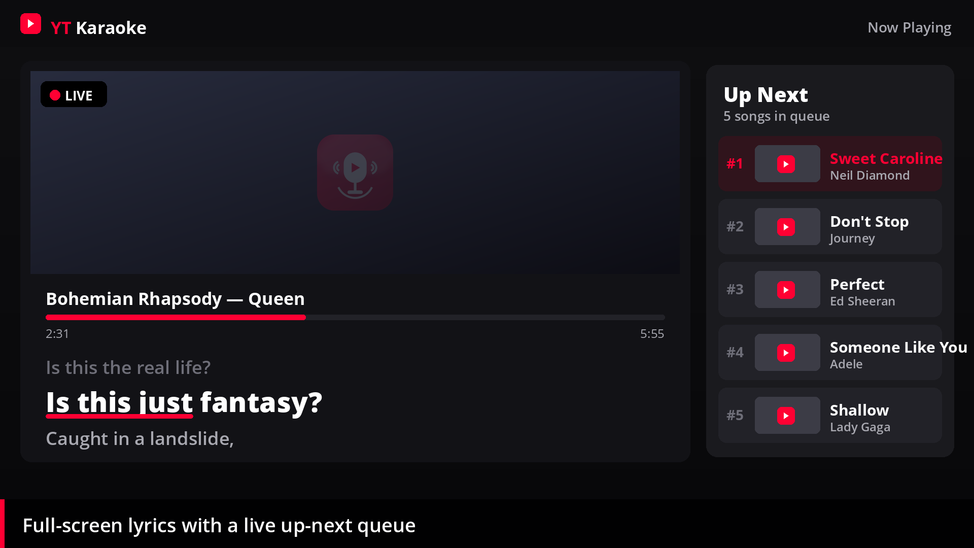 Full-screen lyrics with an up-next queue